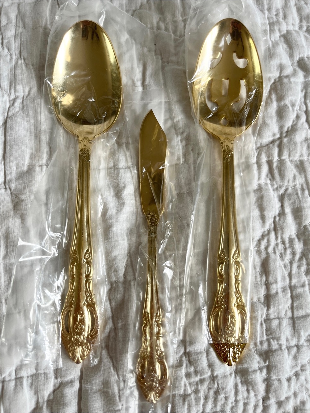 3 Pc H.F. Ltd Stainless Gold Plated Pierced Rose Serving Spoon Butter Knife NEW